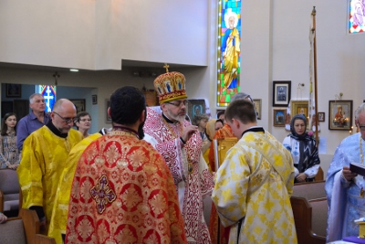 Greeting his Eminence Archbishop Daniel in St. Andrews church LA